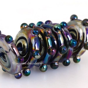 Black Iris Luster Dots Wavy Disks Lampwork Glass Beads - TANERES - glass disc bead - rainbow glass bead - lampwork disc bead - 15 mm