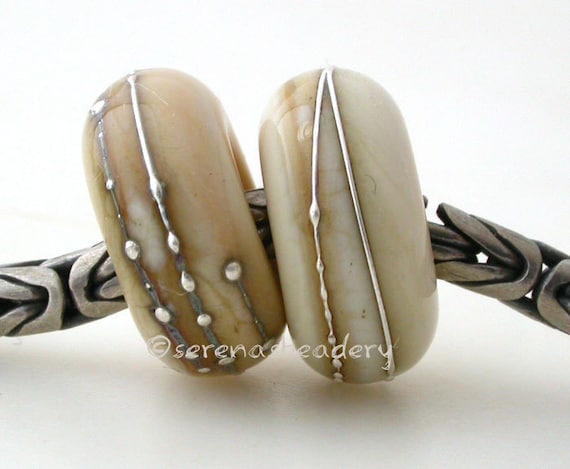 European Charm DARK IVORY Silver Wrap Pair Lampwork Beads - TANERES sra cream fine silver