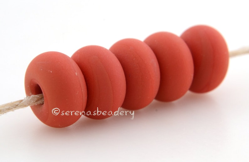 Lampwork Spacer Beads 5 FIRECRACKER CORAL Red Glossy & Matte Coral Glass Donut, Red Glass Rondelle Beads, lampwork glass bead image 2