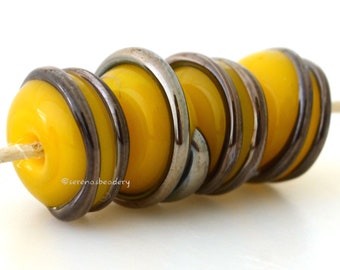 YELLOW Silver LUSTER Spiral Handmade Lampwork Glass Beads - taneres - free form lampwork, yellow glass bead, raised spiral #2263