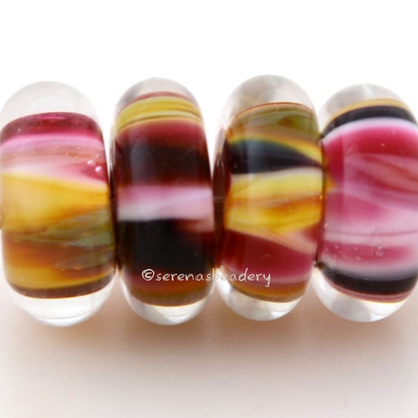 4 TICKLED PINK Disks - Lampwork Glass Discs -Lampwork Bead Set - taneres sra - 13 mm - clear encased