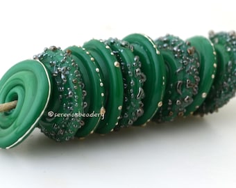 Grass Green Fine Silver Droplets and Luster Sugar Wavy Disks Handmade lampwork glass bead set TANERES #2249