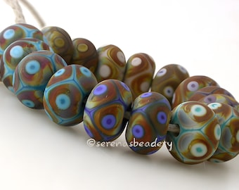 GREEN RAKU brown matte Offset Dots - Lampwork Glass Bead Set - multiple color choices