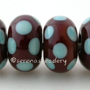 Lampwork Bead Set BROWN Mint GREEN DICE Dot Handmade Glass - taneres sra - brown glass bead - polka dot lampwork - 11 mm