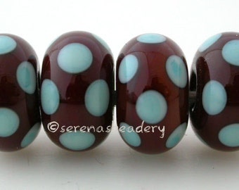 Lampwork Bead Set BROWN Mint GREEN DICE Dot Handmade Glass - taneres sra - brown glass bead - polka dot lampwork - 11 mm