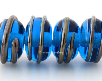 DARK AQUA Silver LUSTER Spiral Handmade Lampwork Glass Beads - taneres - free form lampwork, blue glass bead, raised spiral