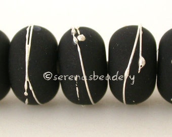 BLACK MATTE with Fine Silver Wraps - Handmade Lampwork Glass Beads - TANERES sra