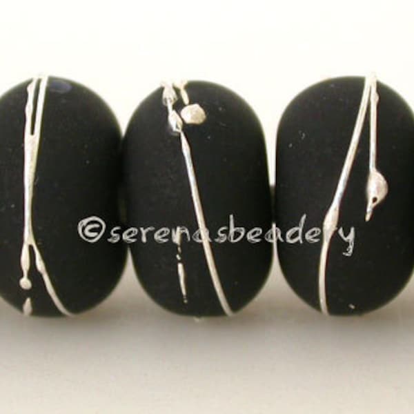BLACK MATTE with Fine Silver Wraps - Handmade Lampwork Glass Beads - TANERES sra