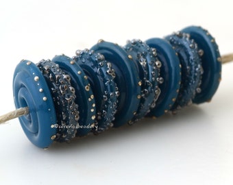 BLUE STEEL Fine Silver Droplets and Luster Sugar Wavy Disks Handmade lampwork glass bead set TANERES