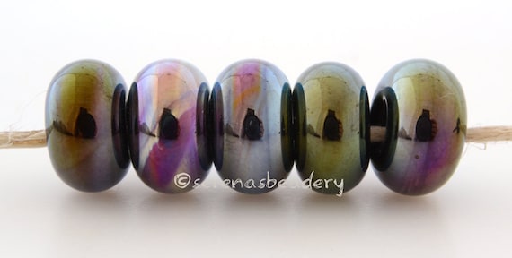 5 BLACK IRIS Metallic Luster Handmade Donut Rondelle Lampwork Spacer Taneres sra, silver iris bead, rainbow luster finish, 6 to 11 mm