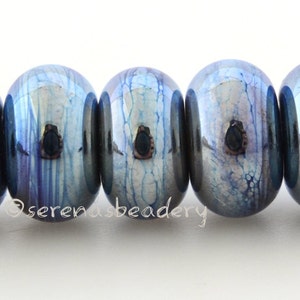 5 PEACOCK Blue LUSTER Lampwork Spacer Beads Handmade Glass Rondelle - TANERES, metallic glass bead, luster glass, silver glass bead, 7-11 mm