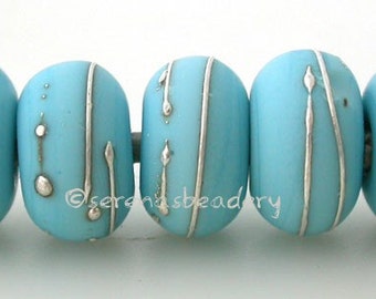 Lampwork Glass Beads - TURQUOISE BLUE Matte with fine SILVER Wraps - Handmade taneres - 11 mm