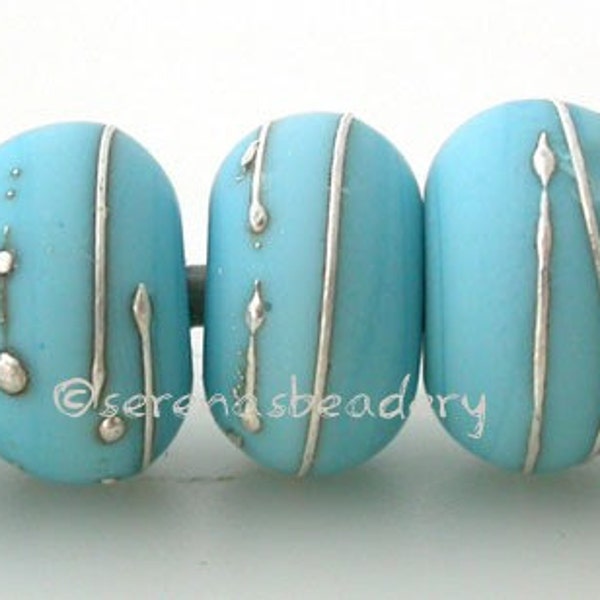 Lampwork Glass Beads - TURQUOISE BLUE Matte with fine SILVER Wraps - Handmade taneres - 11 mm