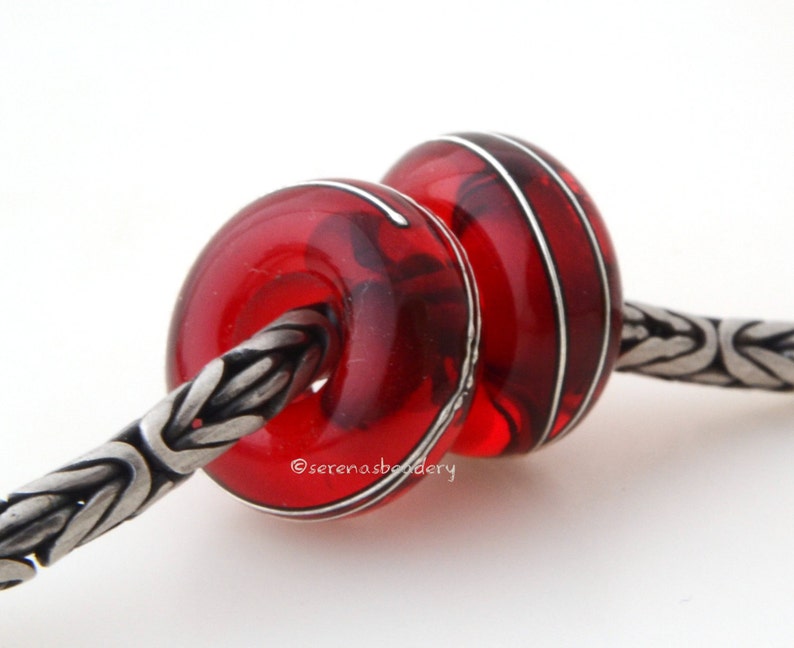 European Charm Lampwork Glass Beads Transparent RED Fine SILVER Wire Wrap Pair TANERES image 2