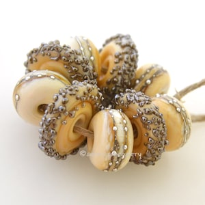 lampwork glass bead set IVORY SILVER Droplets and LUSTER Sugar Wavy Disks Handmade taneres - artisan lampwork beads