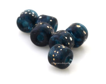 DEEP SEA Blue fine SILVER Dots Tiny Tube Lampwork Glass Beads Handmade - taneres - 6 mm - rustic, blue green lampwork beads