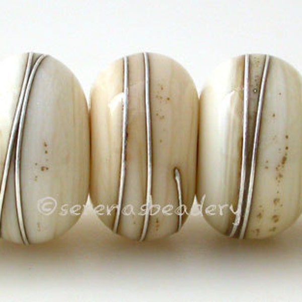 Handmade Lampwork Glass Beads LIGHT IVORY with Fine Silver Wire Wraps- TANERES - 11, 12, or 13 mm