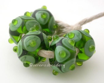 Grass GREEN and SPLIT PEA Offset Dots Lampwork Glass Bead Set Handmade - taneres, green glass beads, lampwork dot beads