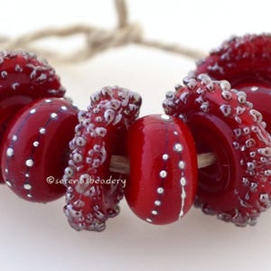 Red Silver Droplets and Luster Sugar Wavy Disks Handmade lampwork glass bead set TANERES