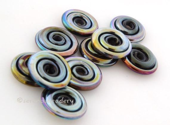 BLACK IRIS LUSTER Spiral Wavy Disks Lampwork Glass Beads - taneres - copper purple metallic - glass disc bead - iris glass bead