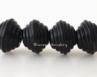 Glass Lampwork Beads BLACK RIBBED Bicone  - Handmade - TANERES - glass bicone bead - black lampwork bicone