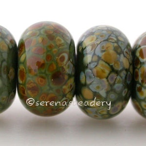 Lampwork Glass Bead Set COMMANDO GREEN RAKU - taneres frit brown - 11 or 13 mm