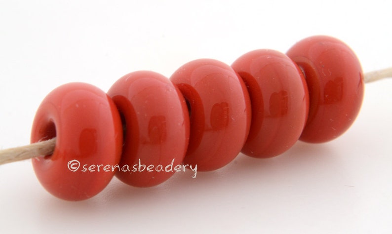 Lampwork Spacer Beads 5 FIRECRACKER CORAL Red Glossy & Matte Coral Glass Donut, Red Glass Rondelle Beads, lampwork glass bead image 1
