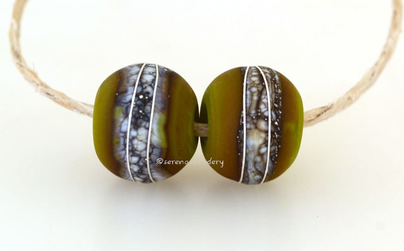 PISTACHIO Matte Round Earring Pair Lampwork Glass Bead taneres, silvered ivory and fine silver wrap, 10x12 mm, round glass beads image 1