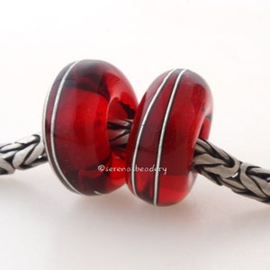 European Charm Lampwork Glass Beads Transparent RED Fine SILVER Wire Wrap Pair TANERES image 1
