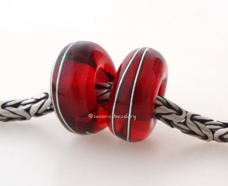 European Charm Lampwork Glass Beads Transparent RED Fine SILVER Wire Wrap Pair TANERES image 1