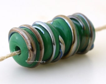 GRASS GREEN Silver LUSTER Spiral Handmade Lampwork Glass Beads - taneres - free form lampwork, green glass bead, raised silver spiral #2266