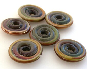 Lampwork Glass Beads RAKU Brown Handmade Glossy Wavy Disks  - TANERES - raku disk bead