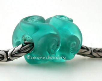 European Charm TWISTED TEAL and TumBled Handmade Lampwork Glass Bead Pair TANERES = large hole bead - glass charm bead - teal lampwork beads