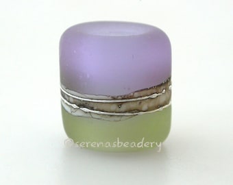 MOJITO Dark LAVENDER matte beach European Charm Lampwork Glass Bead - TANERES - mint, silvered ivory, fine silver - 13x11 mm