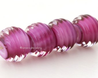 PINK TENDER BEAUTY Ribbed Round Glass Lampwork Beads Handmade - taneres pink ribbed bead, clear cased lampwork, 9x12 mm