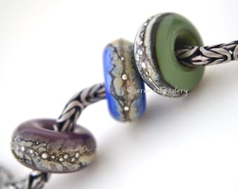 European Charm Glass Bead - HOME RANGE granite trio - Handmade Lampwork TANERES 14 mm - blue green violet. big hole bead, glass charm