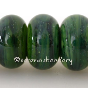 Lampwork Spacer Beads 5 RAINFOREST Sparkle GREEN Glossy & Matte, Handmade Glass Donut Bead, Rondelle Spacer, green glass bead