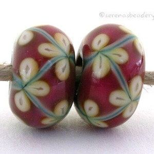 Lampwork Flower Copper GREEN, PINK and Yellow FLOWER Glass Bead Pair - taneres