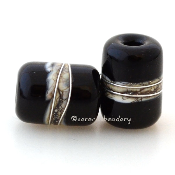 Lampwork Glass Bead All BLACK Night Owl Tube Pair - TANERES silvered ivory and fine silver wrap