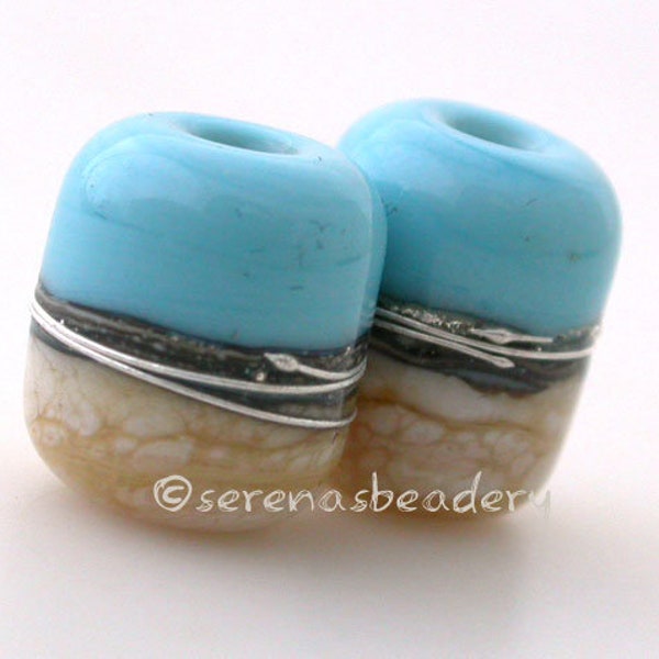 Turquoise Ivory Night Owl Tube Pair - Lampwork Glass Beads -  TANERES silvered ivory. fine silver wrap - blue sand beach