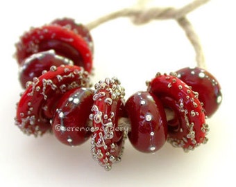 Red Silver Droplets and Luster Sugar Wavy Disks Handmade lampwork glass bead set TANERES color choices amber blue green ivory