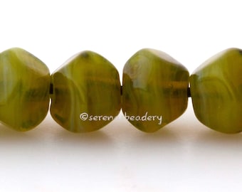 6 GREEN HOSTA NUGGET Beads - Lampwork Glass Beads - streaky green, green lampwork bead - taneres sra