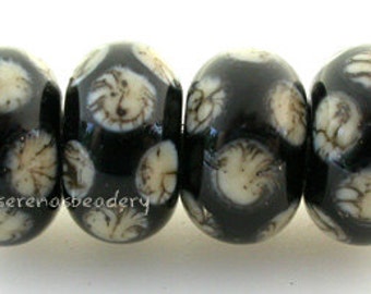 Lampwork Glass Bead Set BLACK SILVERED Ivory Dots handmade - TANERES sra polka dots