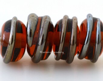 AMBER Silver LUSTER Spiral Handmade Lampwork Glass Beads - taneres - free form lampwork, brown glass bead, raised spiral #2265