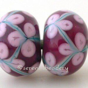 Lampwork Glass Bead Pair Copper MINT Green and PINK Vine FLOWER - taneres, earring bead, pink glass bead