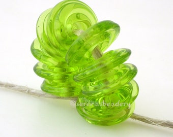 LIGHT GRASS GREEN Lampwork Glass Beads - Glossy or Matte Wavy Disks - taneres - 11-14 mm glass disc bead, lampwork disc, green glass bead