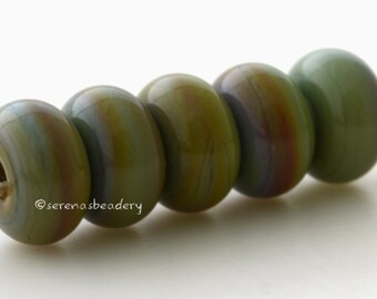 Lampwork Spacer Glass Beads 5 DRAGON - Glossy or Matte - Handmade Green Donut Bead, Green Brown Glass Rondelle  - 3 sizes