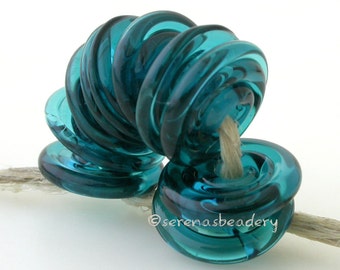 Wavy Disks Lampwork Glass DARK TEAL Glossy & Matte Frosted Beads - TANERES sra blue green, 11-14 mm