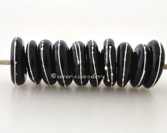Glass Wavy Disks BLACK MINI Fine SILVER Dots Handmade Lampwork Glass Beads - taneres - 10 mm