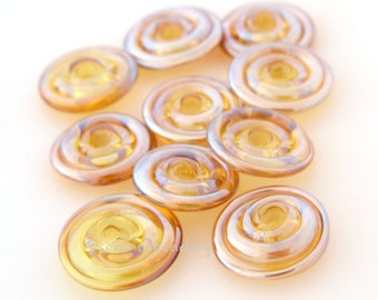 GOLD Amber LUSTER Spiral Wavy Beads Disks Lampwork Glass TANERES metallic - 11 or 14 mm